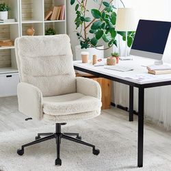 High-Back Home Office Chair,Upholstered Desk Chair with Armrests,Height Adjustable Armchair with Wheels, Swivel Office Desk Chair, (White)