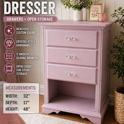 Custom Pink Painted Dresser w/ Drawers + Open Storage – Solid Wood