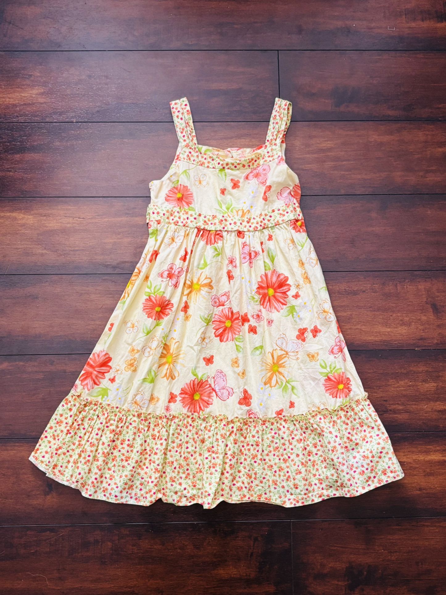 Baby Girl Clothes Little Girls Vintage Yellow Sundress Flowers And Butterflies With Ruffled Hem And Straps Size 6T/6X
