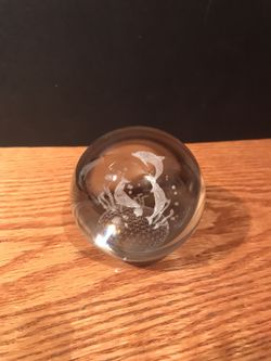 Etched dolphin glass paperweight