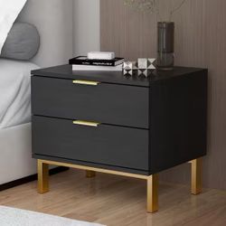 2-Drawer Black Wooden Nightstand Bedside Table With 4 Metal Legs 15.7 in. D x 19.7 in. W x 17.9 in. H