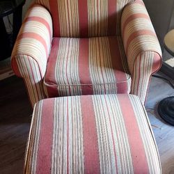 Beige & Red Stripped Chair & Ottoman - Nice Condition
