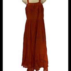 ✨New✨ Adult Women Size Large Maxi Dress Orange Rust Copper Sundress Adjustable Strap Eyelet Pattern
