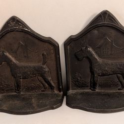 PAIR WIRE-HAIRED TERRIER CAST IRON BRASS FINISH BOOKENDS - MARKED CONNECTICUT FOUNDRY 1929
