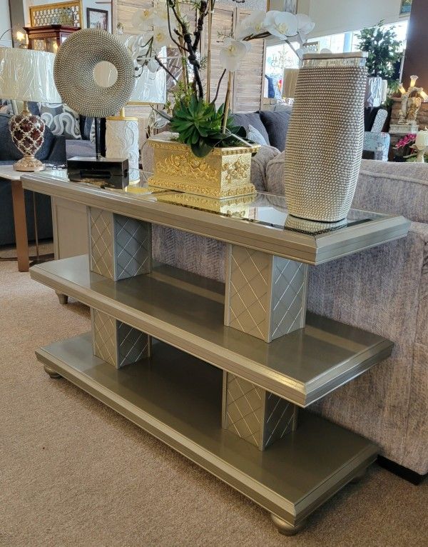 Platinum Console Sofa Table w/ Mirror Top