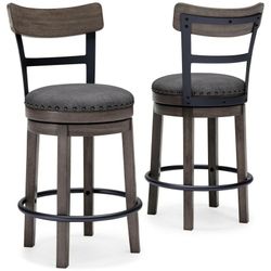2 Counter Height Swivel Bar Stools with Contoured Backrest in Gray