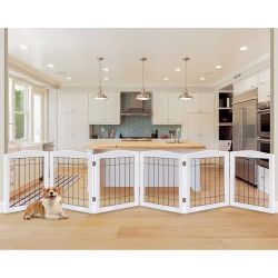 LZRS 6-Panel each is 24” H and 20” W Extra Wide Wooden Freestanding Dog Gate: Foldable Solid Wood and Steel Wire Chew Resistant Safety Barrier for Doo