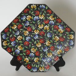 Japanese One-of-a-kind Champleve on Black Octagonal Signed Millefleur Floral Enameled Plate

