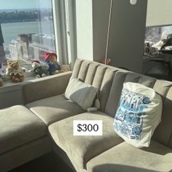 Beige Velvet L Shape Sofa/Couch (Reversible Chaise L shape)