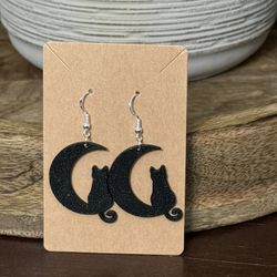 Black Cat On Moon Earrings