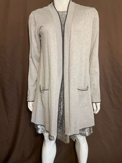 Gray Open-Front Knit Cardigan with Dark Trim