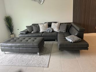 Gray Leather Sectional Sofa with Ottoman