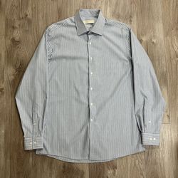 MICHAEL KORS Regular Fit Mens 16, 34/35 Blue/White Button Up Dress Shirt