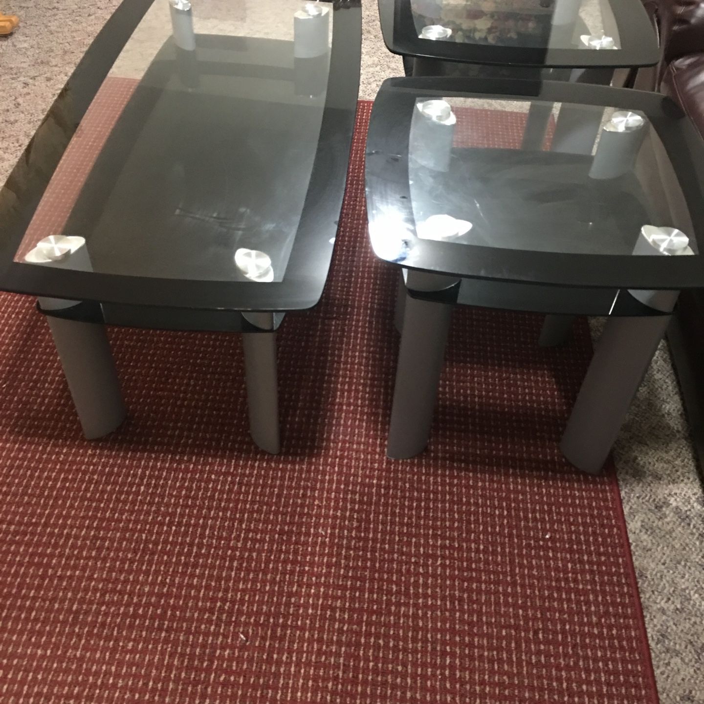 Glass 3 piece Coffee Table set. Great condition, like new and clean. Very lightly used. 3 piece set: one big table with 2 side tables. Hardly even