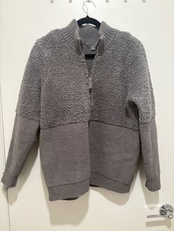 Barefoot Dreams CozyChic Mixed Shearling Half-Zip Pullover (Size L – Glacier Gray)
