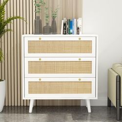 Anmytek Dresser for Bedroom with 3 Drawers, Modern Wood 3 Drawer Dresser, White Chest of Drawer with Spacious Storage Rattan Dresser for Bedroom Livin