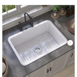 27 in. Drop-In/Undermount Single Bowl Farmhouse Fireclay Kitchen Sink Dual Mount with Bottom Grids and Strainer in White