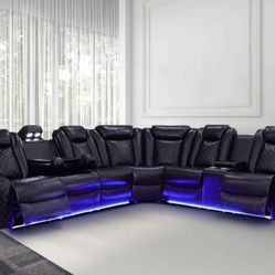Power Electric Black Leather Fully Reclining Sectional Couch 