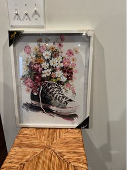 Framed Canvas Art - charcoal Sneaker with Pink & White Flowers 16x20