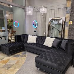 Prada Black Velvet Double Chaise Sectional / couch /Living room set 