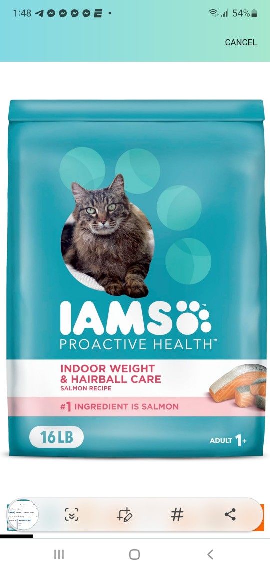 BRAND NEW..IAMS Proactive Health Adult Indoor Weight & Hairball Care Dry Cat Food with Salmon, 16 lb. Bag