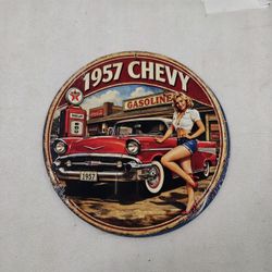 Classic Car 57 Chevy Chevrolet Pinup Girl Steel Metal Sign 
