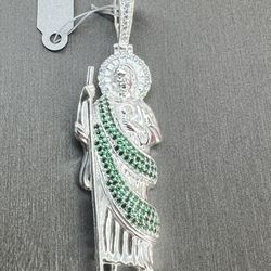 925 Sterling Silver San Judas With Green Cz Stones 15.1grams I-455