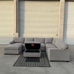 Thomasville Langdon Fabric Sectional with Chaise and Storage Ottoman - Gray - 🚚 DELIVERY AVAILABLE