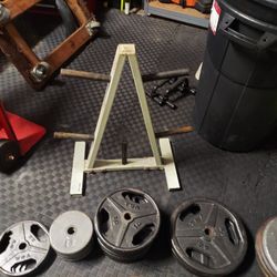 Standard Weight Plates, Stand, and Curl Bar