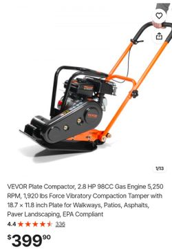 VEVOR Plate Compactor, 2.8 HP 98CC Gas Engine 5,250 RPM, 1,920 lbs Force Vibratory Compaction Tamper with 18.7 x 11.8 inch Plate for Walkways, Patios,
