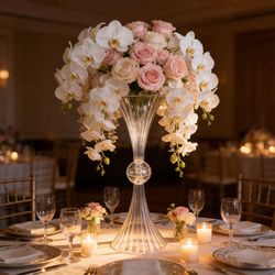 4 Pack Ribbed Acrylic Trumpet Vases – 32" Clear Reversible Flower Centerpiece with Crystal Ball Accent