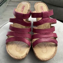 Born Sandals  Fuchsia Pink Leather Cork Platform Wedge Sandals Size 7 / 38