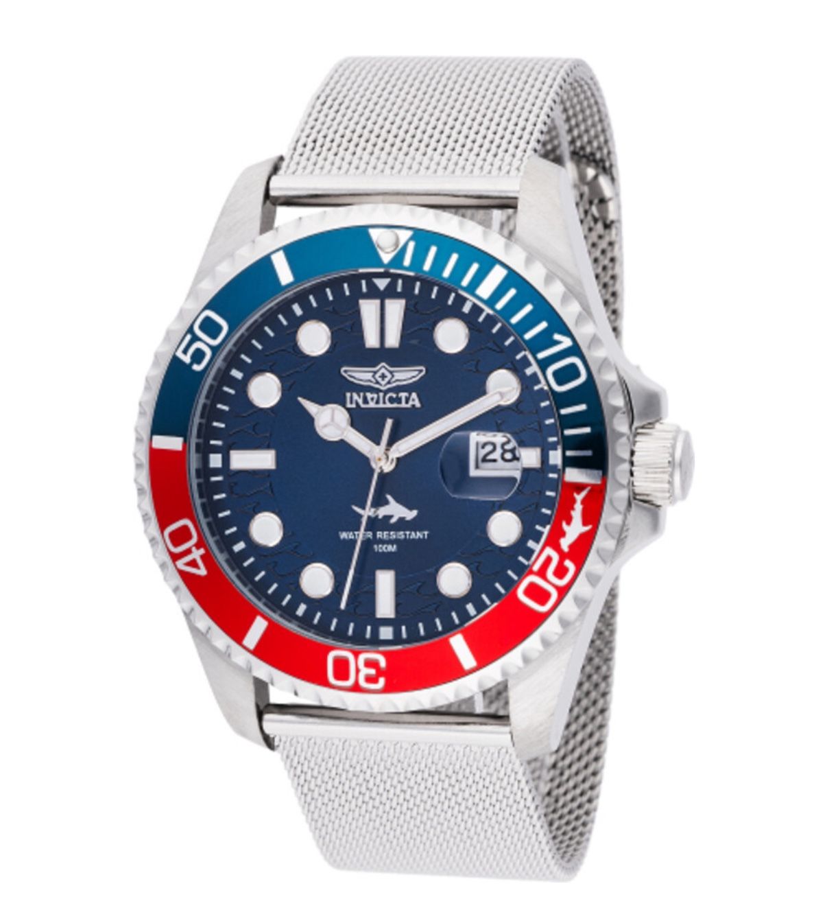 Invicta Silver Mesh Watch with Blue and Red Bezel Pepsi Watch Mens
