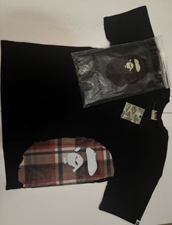 New BAPE A Bathing Ape Black Plaid Ape Head Tee  L
