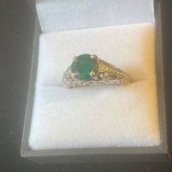 Ladies Sterling Silver Filigree Gallery Ring w/ 3 Ct Tsavorite Stone & 16 White Zircons
