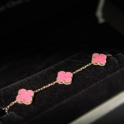 18k yellow gold Pink Van cleef Alhambra style Rhodonite 5 motifs clover shape stone bracelet