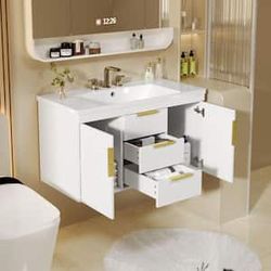 36 in. Wall Mounted White Bath Vanity with White Resin Top and 2 Drawers Bathroom Storage Cabinet