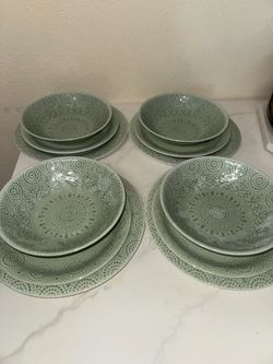 juego de 12 vajilla verde menta / salvia plástico