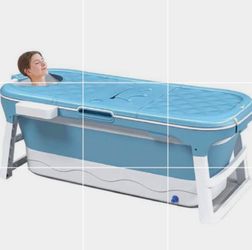53 inch Luxury Extra Large Foldable Bath Tub Bathtub for Toddler Children Twins Adult with Lid Handle Drain Hose Blue