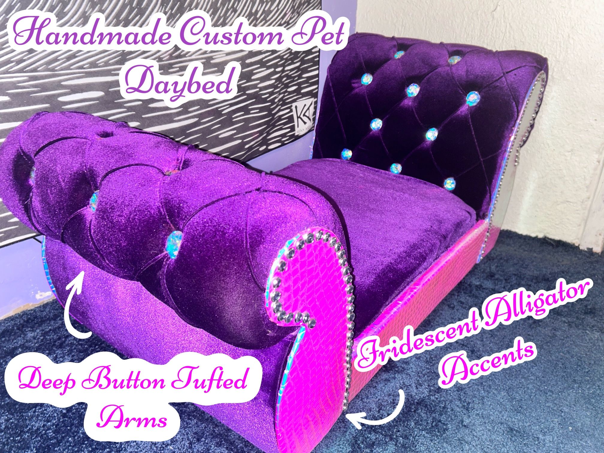 Unique One-of-a-Kind Handmade Purple Tufted Doggie Daybed