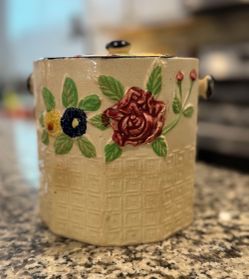 Vintage Ceramic Biscuit Jar with Raised Floral Decoration and Lid, Repaired