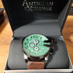 American Exchange Quartz Multi-Dial Green Dial Brown Leather Strap Men's Watch