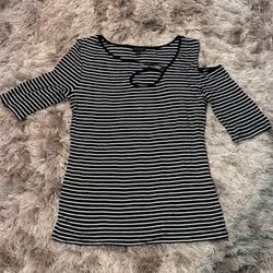 Gold Ray Black White Striped Cold Shoulder Knit Top 3/4 Sleeves Size XL
