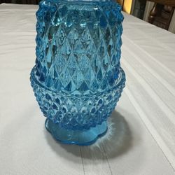 Vintage Indiana Glass Blue Diamond Point 2 Piece Fairy Lamp