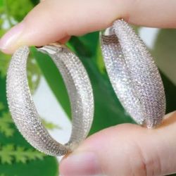 Fully Iced 18K White Gold Plated Micro Pave Dual Side Cubic Zirconia 3.2CM Large Hoop Earrings