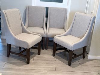 SET OF 4 GREY FABRIC DINING CHAIRS ( NEW AND ASSEMBLED )