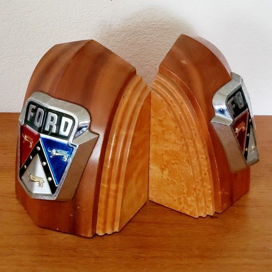 Vintage 1950s Ford Emblem Art Deco Wood Bookends