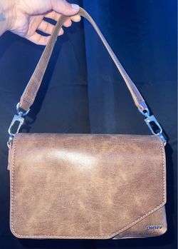 DKNY Distressed Brown Leather Shoulder Bag – Flap Closure Crossbody / Handbag