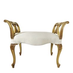 Vintage Mid Century French Carved Wood  Ivory Upholstered Vanity Bench 