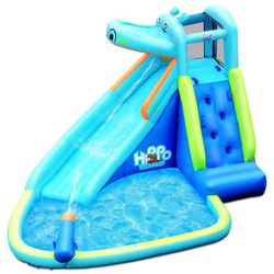 Blue Inflatable Kids Hippo Bounce House Slide Climbing Wall Splash Pool with Bag (no Blower)